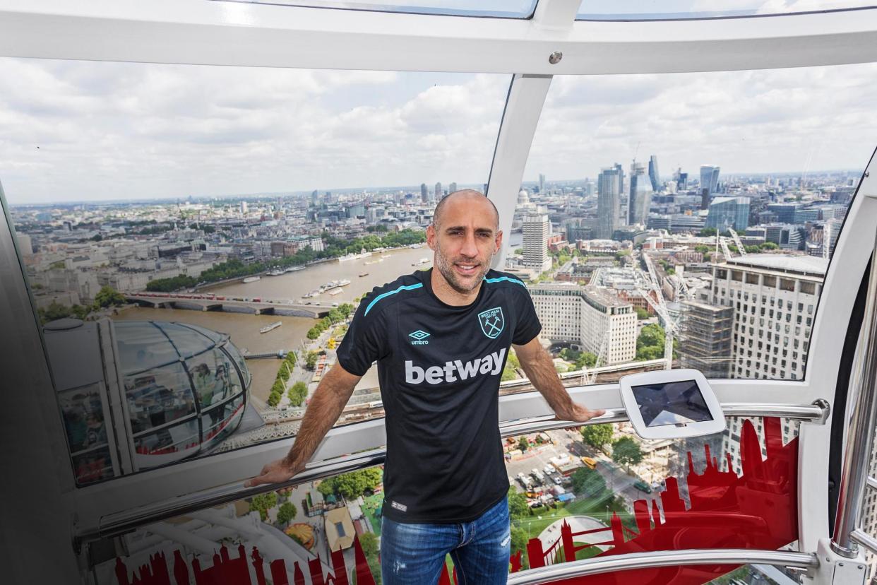 New man in town | Pablo Zabaleta is pictured in West Ham United’s brand new 2017-18 away kit: West Ham United FC