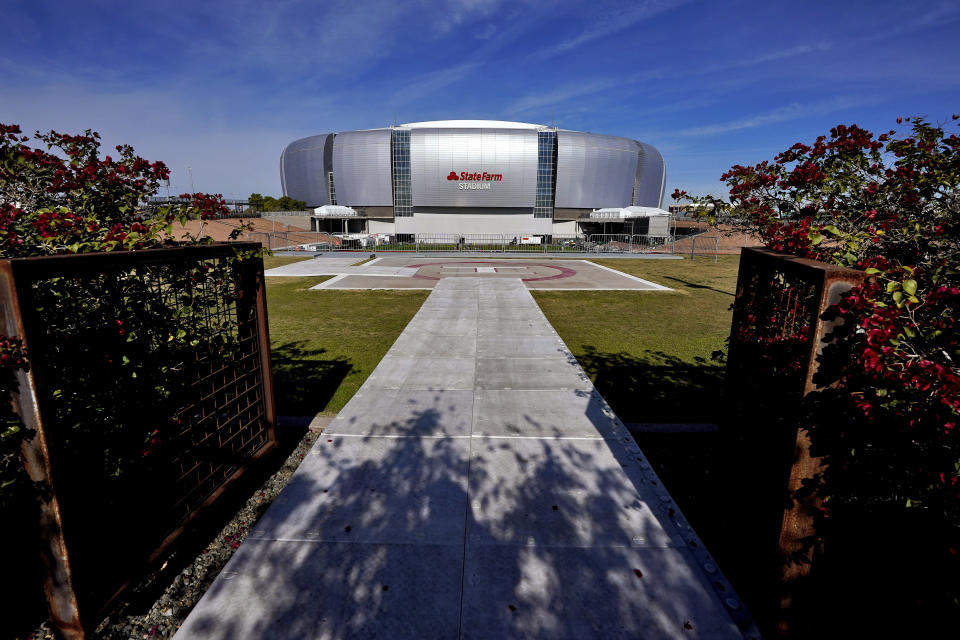 FILE - State Farm Stadium is shown, Friday, Feb. 3, 2023, in Glendale, Ariz. The NFL’s players have made it no secret they prefer playing on natural grass as opposed to synthetic turf. They’ll get their wish in Super Bowl 57. (AP Photo/Matt York)