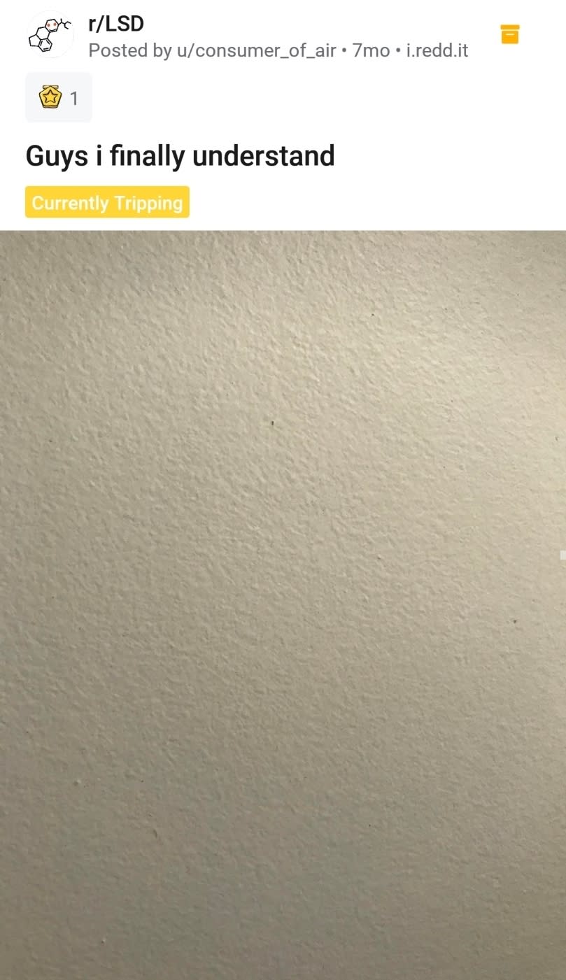 A Reddit post by user consumer_of_air in the r/LSD subreddit with the caption "Guys i finally understand" and a yellow tag "Currently Tripping." Image shows a blank wall