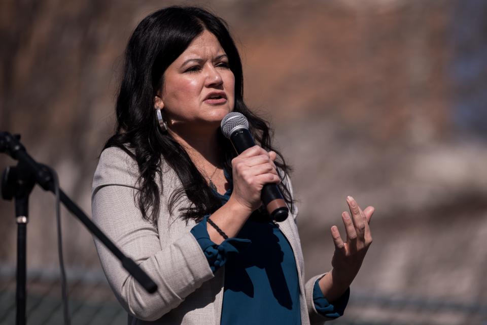 Veronica Carbajal, president of Justicia Fronteriza, speaks at the Duranguito Pachanga on Saturday, Feb. 4, 2023, celebrating the barrio and City Council's decision not to place the arena in Duranguito.