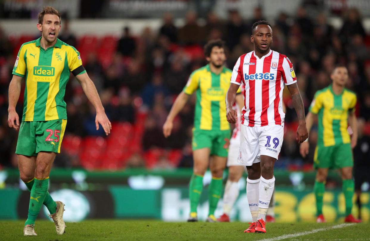 Stoke City’s Saido Berahino in action against his former club West Bromwich Albion. He has been arrested on suspicion of drink driving. (PA)