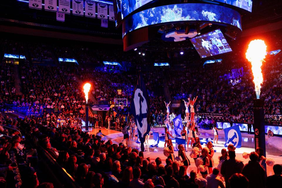 Brigham Young Cougars starting players are introduced before a men’s college basketball game between Brigham Young University and Baylor University at the Marriott Center in Provo on Tuesday, Feb. 20, 2024. | Megan Nielsen, Deseret News