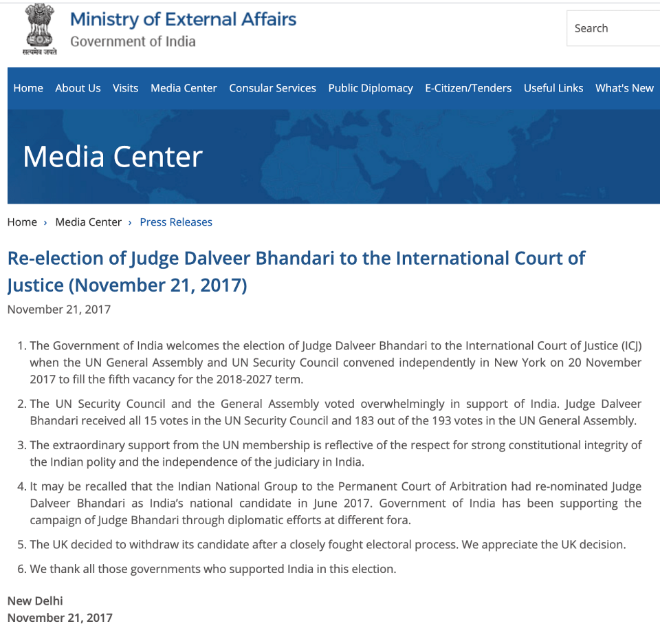 <div class="paragraphs"><p>The press release issued by MEA mentioned that Justice Bhandari was re-elected to the ICJ.</p></div>