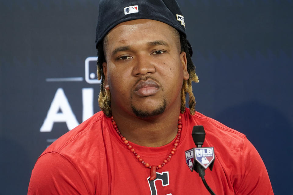 Cleveland Guardians' Jose Ramirez attends a news conference before a workout ahead of Game 1 of baseball's American League Division Series against the New York Yankees, Monday, Oct. 10, 2022, in New York. (AP Photo/John Minchillo)