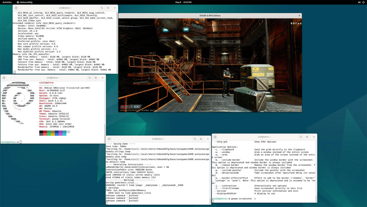  Doom 3: BFG running on Intel Arc A750, Ampere Altra, and Linux. 