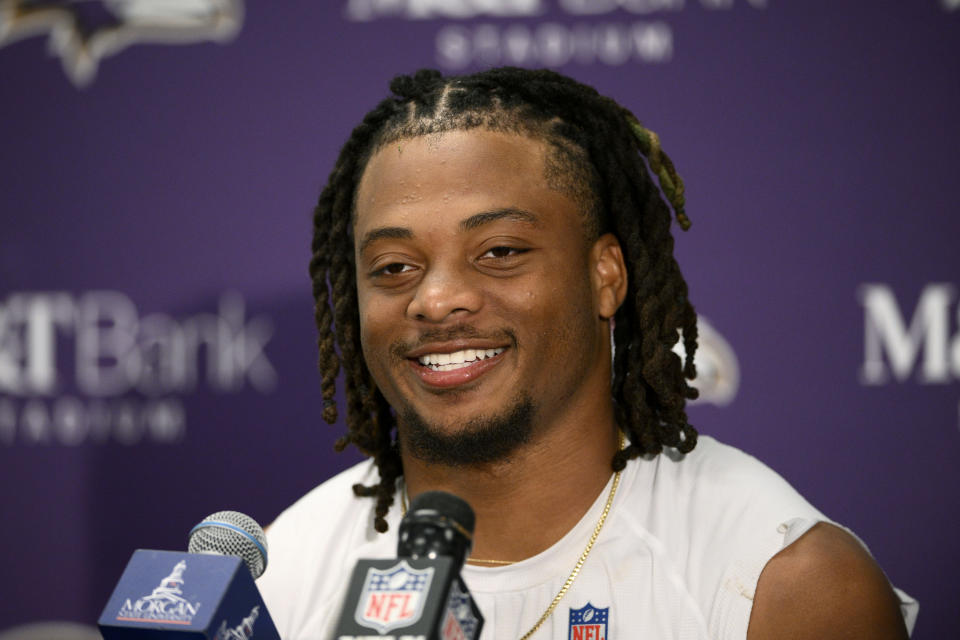 Baltimore Ravens running back Keaton Mitchell speaks during a news conference after an NFL football game against the Seattle Seahawks, Sunday, Nov. 5, 2023, in Baltimore. The Ravens won 37-3. (AP Photo/Nick Wass)
