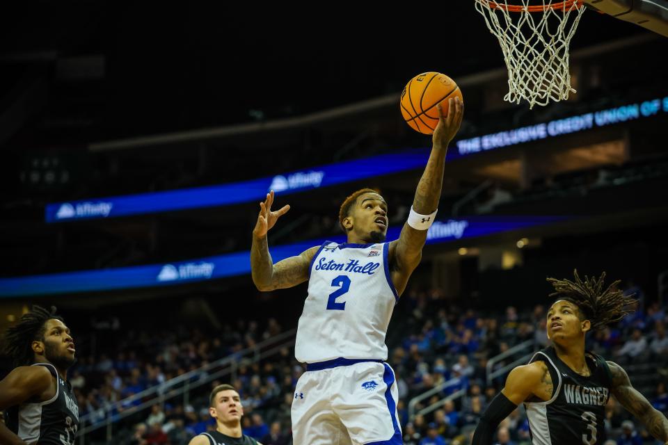 Seton Hall's Al-Amir Dawes goes for a layup against Wagner