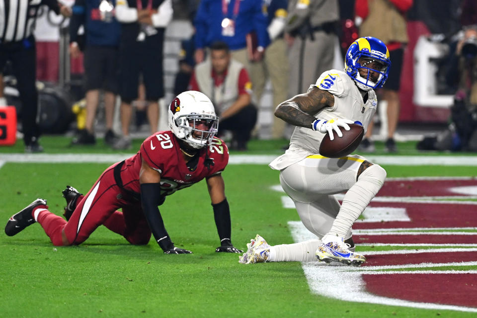 GLENDALE, ARIZONA - DECEMBER 13: Odell Beckham Jr. #3 of the Los Angeles Rams reacts after scoring a touchdown in the second quarter of the game against the Arizona Cardinals at State Farm Stadium on December 13, 2021 in Glendale, Arizona. (Photo by Norm Hall/Getty Images)