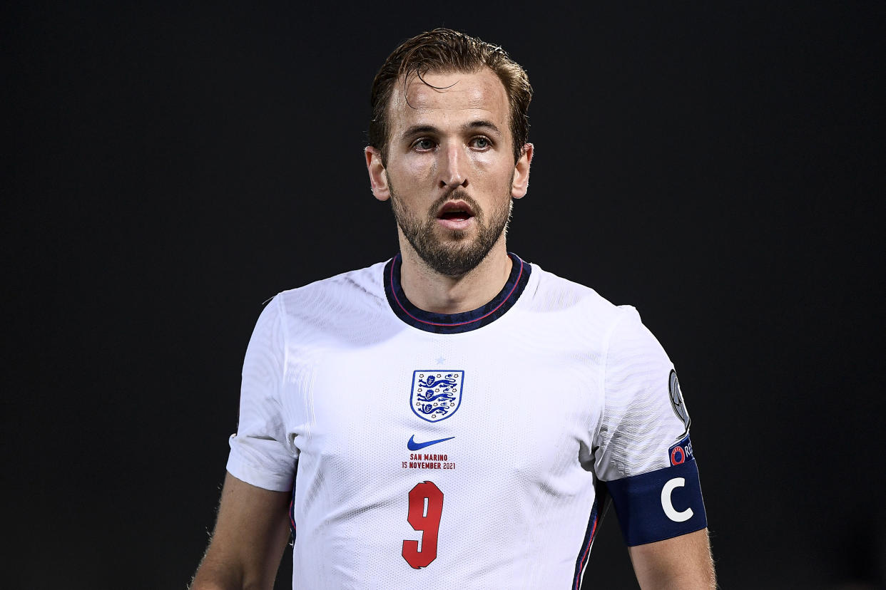 SAN MARINO STADIUM, SERRAVALLE, SAN MARINO - 2021/11/15: Harry Kane of England looks on during the 2022 FIFA World Cup European Qualifier football match between San Marino and England. England won 10-0 over San Marino. (Photo by Nicolò Campo/LightRocket via Getty Images)