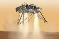 <p>This illustration made available by NASA in October 2016 shows an illustration of NASA’s InSight lander about to land on the surface of Mars. NASA’s InSight spacecraft will enter the Martian atmosphere at supersonic speed, then hit the brakes to get to a soft, safe landing on the alien red plains. After micromanaging every step of the way, flight controllers will be powerless over what happens at the end of the road, nearly 100 million miles away. (NASA/JPL-Caltech via AP </p>