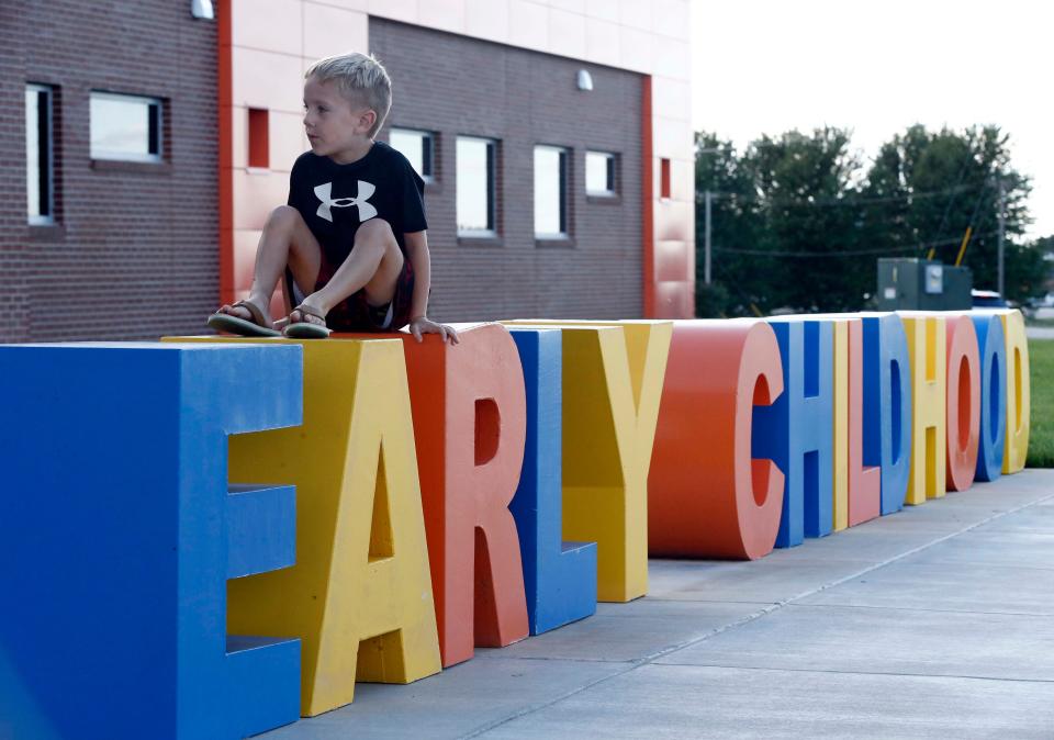 Noah Cannon seen outside new Early Childhood center during Open House evening in Republic on August 15, 2023.