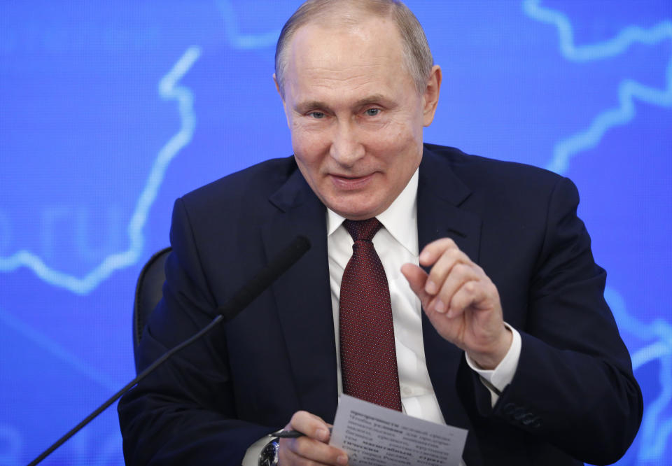 Russian President Vladimir Putin attends a meeting of the Russian Union of Industrialists and Entrepreneurs in Moscow, Russia, Thursday, March 14, 2019. The arrest of Michael Calvey, a prominent U.S. foreign investment manager, has drawn business community's concerns. (AP Photo/Alexander Zemlianichenko)
