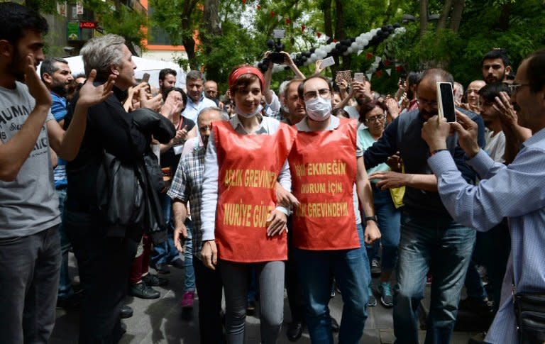 Turkish primary school teacher Semih Ozakca (R) and academic Nuriye Gulmen have been on a long hunger strike to protest against their dismissal in a purge after last year's failed coup