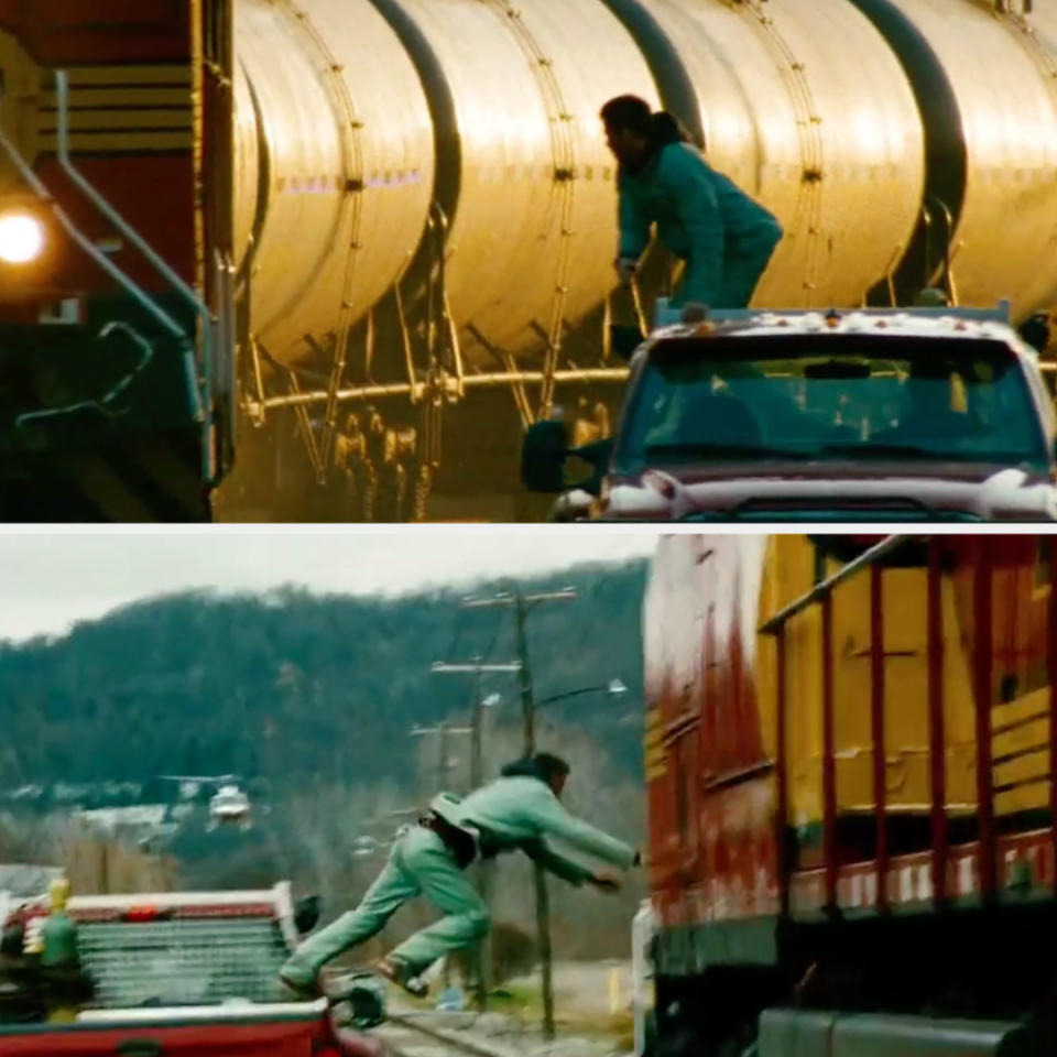 Chris Pine's double leaps onto the moving train