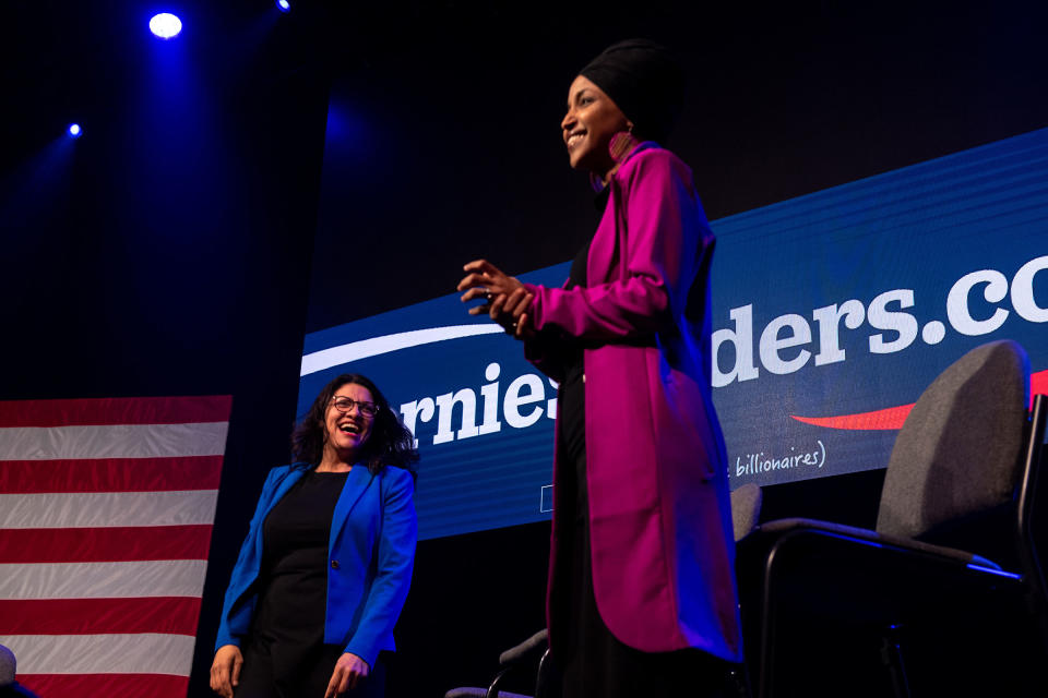 Reps. Rashida Tlaib and Ilhan Omar hold a campaign rally for Sen. Bernie Sanders in Clive, Iowa, Jan. 31, 2020.<span class="copyright">Hilary Swift—The New York Times/Redux</span>