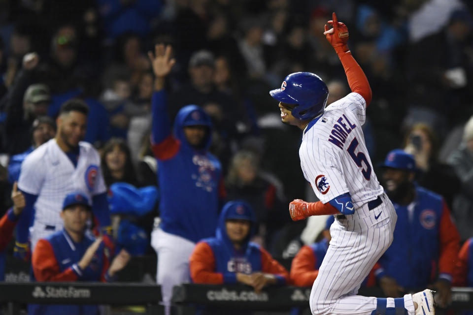 Chicago Cubs' Christopher Morel celebrates while rounding third base after hitting a solo home run against the Philadelphia Phillies during the third inning of a baseball game Tuesday, Sept. 27, 2022, in Chicago. (AP Photo/Paul Beaty)