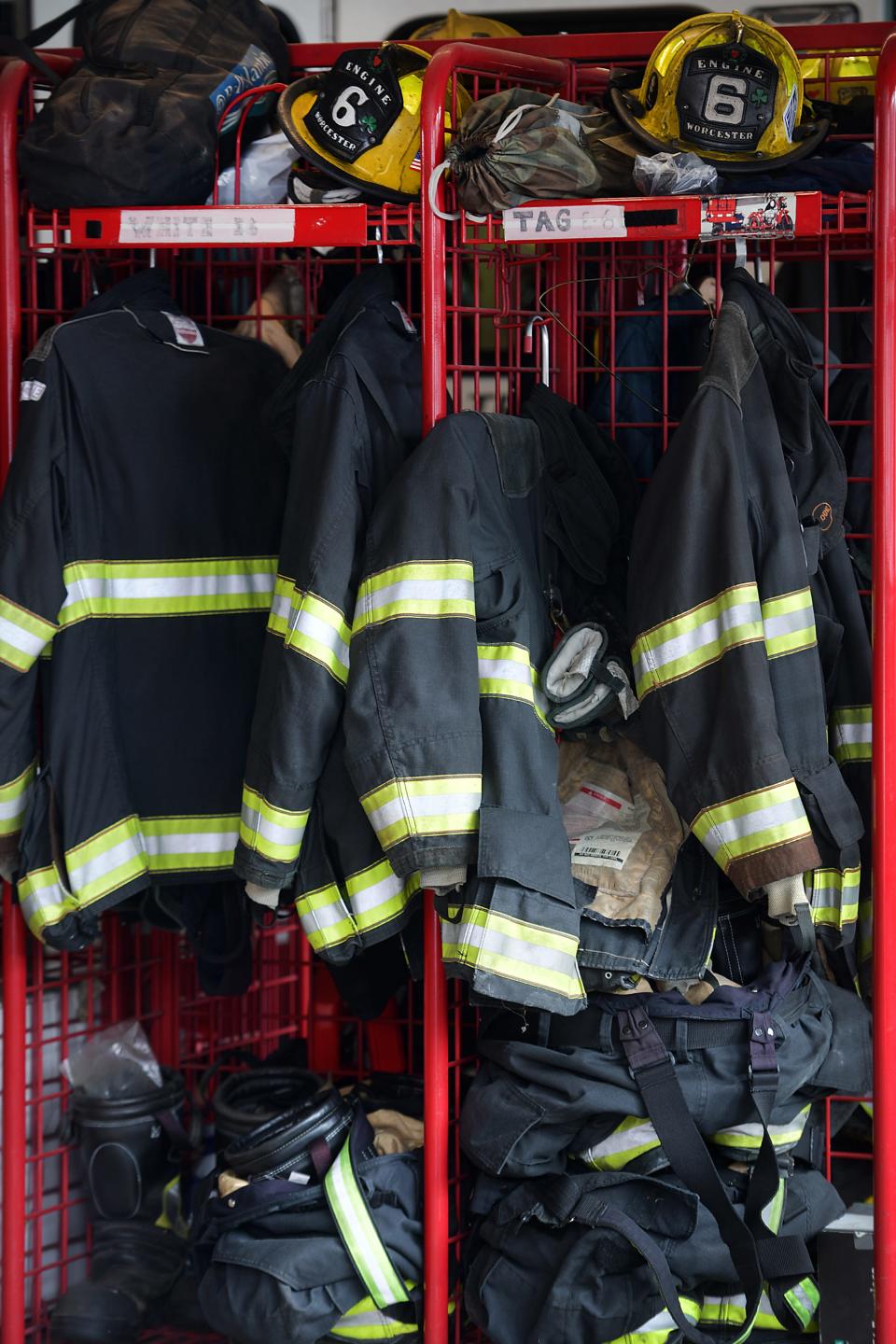 Stowed turnout gear at the Franklin Street Fire Station, Worcester.