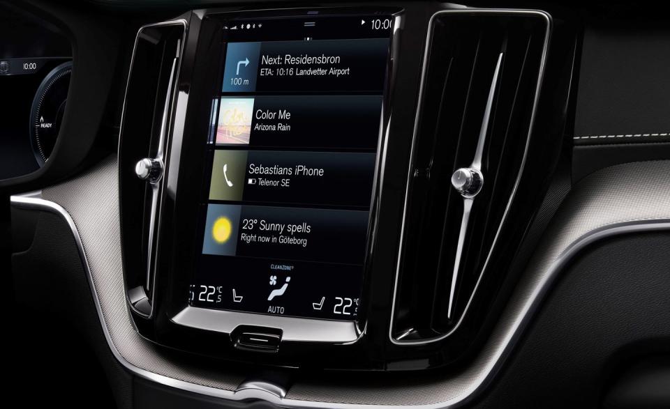 <p>Volvo's latest infotainment setup, shared among its newest products (S90, V90, XC40, XC60, XC90) breaks with the industry's wide-angle norm and uses a vertical touchscreen arrangement, Tesla style. The XC60's display isn't as huge as the one in Tesla's Model S and Model X, but it usefully lays out audio, navigation, climate, and phone functions in four horizontal tiles. Tap one, and that menu expands to fill most of the screen for easy access, squeezing the other three tiles above and below. Secondary functions, including settings and more, are accessible by swiping across the panel in either direction, pulling in submenus from the edges of the screen as on a smartphone. The system also comes standard with Apple CarPlay and Android Auto.</p>