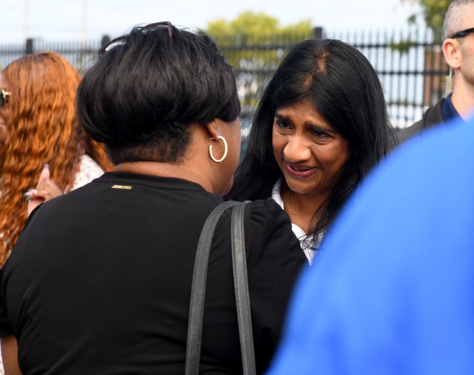 Lt. Gov. Aruna Miller talks with Crisfield Mayor Darlene Taylor at the J. Millard Tawes Crab and Clam Bake Wednesday, Sept. 27, 2023, at Somers Cove Marina in Crisfield, Maryland.