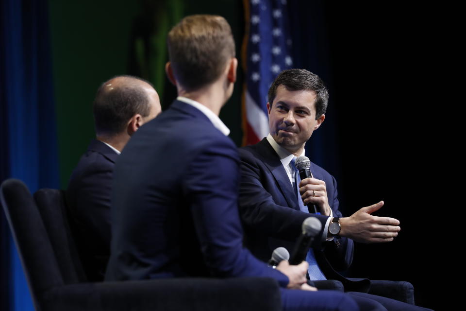 Democratic presidential candidate South Bend, Ind., Mayor Pete Buttigieg speaks at the J Street National Conference, Monday, Oct. 28, 2019, in Washington. (AP Photo/Jacquelyn Martin)