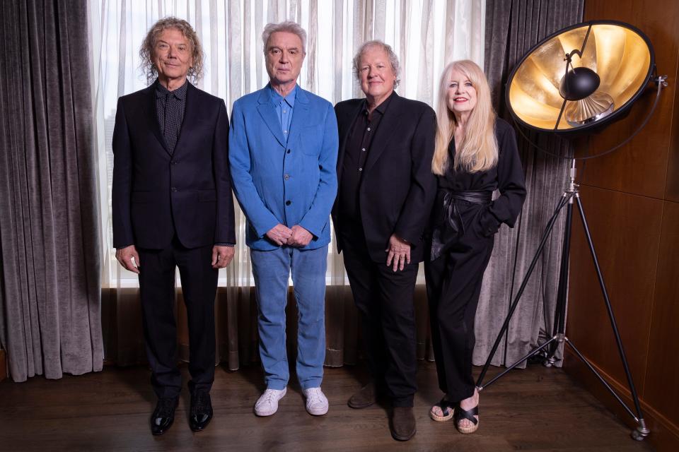 Jerry Harrison, from left, David Byrne, Chris Frantz and Tina Weymouth, of the band Talking Heads pose for a portrait to promote the film "Stop Making Sense" during the Toronto International Film Festival, Monday, Sept. 11, 2023, in Toronto. (Photo by Joel C Ryan/Invision/AP) ORG XMIT: NYET310