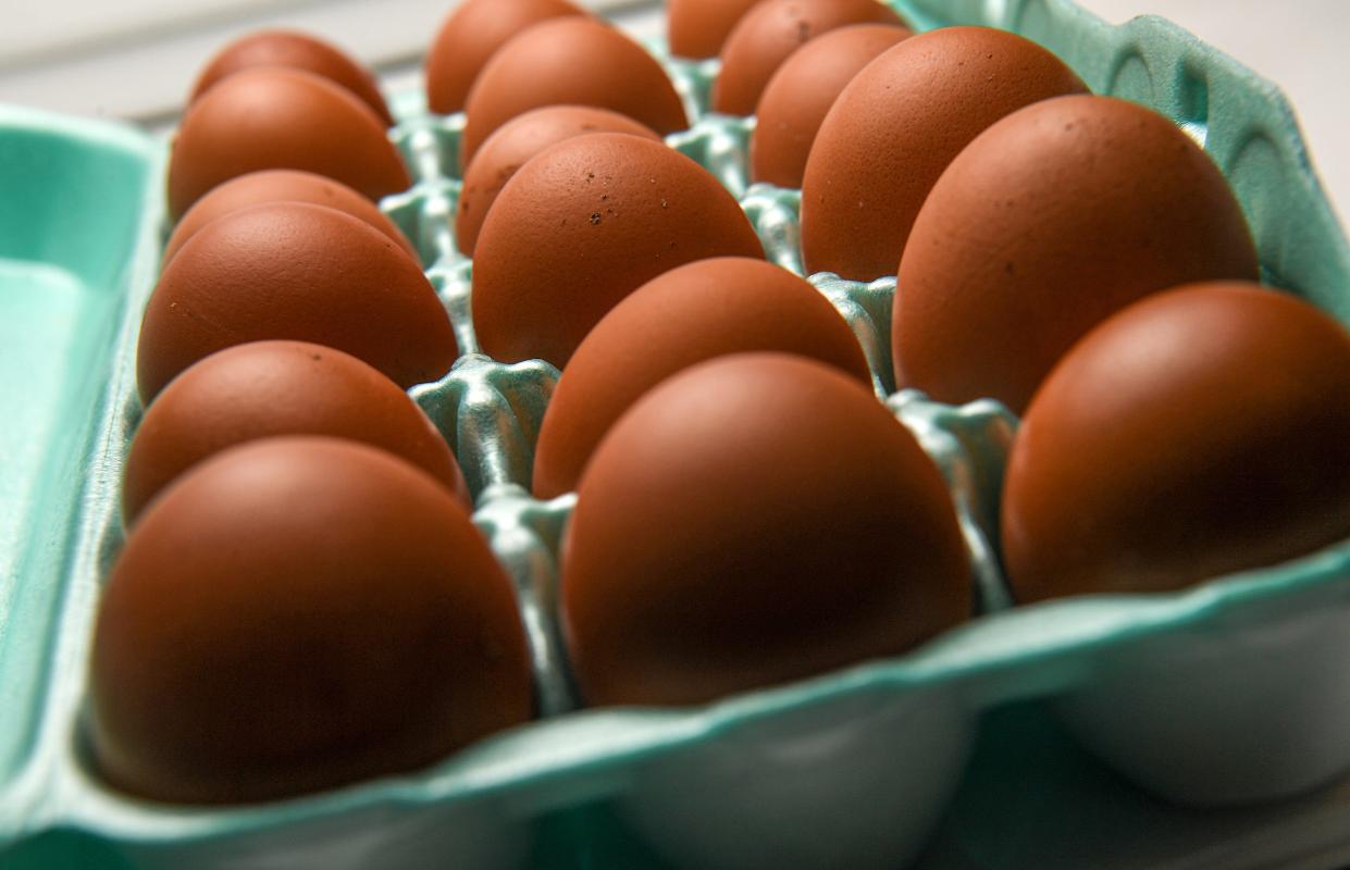 An 18-egg carton of free range eggs from Sugar Maple Farm in Starr, S.C., sold at Whitehall Produce in Anderson, S.C. Saturday, January 21, 2023.