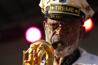 Roger Lewis, with the Treme Brass Band, performs at a sunrise concert marking International Jazz Day in New Orleans, Monday, April 30, 2012. The performance, at Congo Square near the French Quarter, is one of two in the United States Monday; the other is in the evening in New York. Thousands of people across the globe are expected to participate in International Jazz Day, including events in Belgium, France, Brazil, Algeria and Russia. (AP Photo/Gerald Herbert)