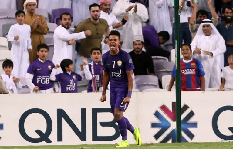 UAE's al-Ain club player Lucas Fernandes Caio celebrates a goal against Qatar's el-Jaish club