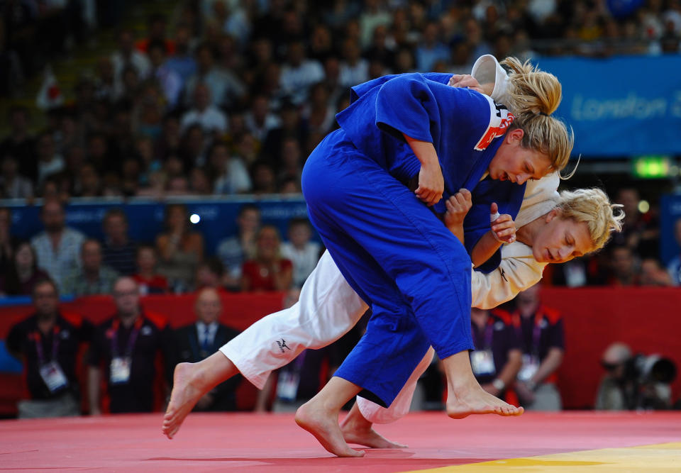 Kayla Harrison of the United States (white) and Gemma Gibbons of Great Britain compete in the Women's -78 kg Judo on Day 6 of the London 2012 Olympic Games at ExCeL on August 2, 2012 in London, England. (Photo by Laurence Griffiths/Getty Images)