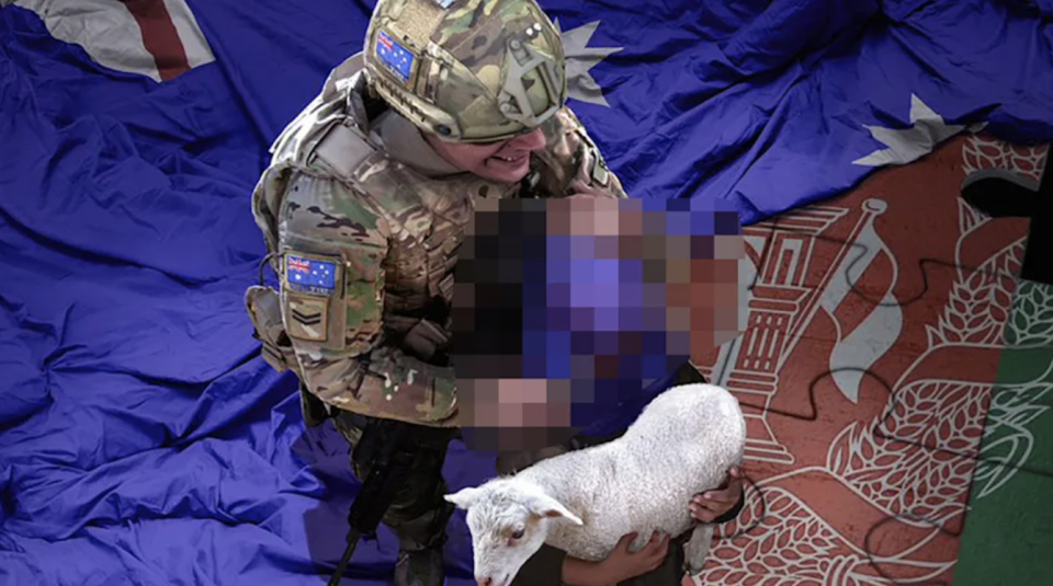 The fake image shows an Australian soldier slitting the throat of a child. Source: Zhao Lijian/ Twitter