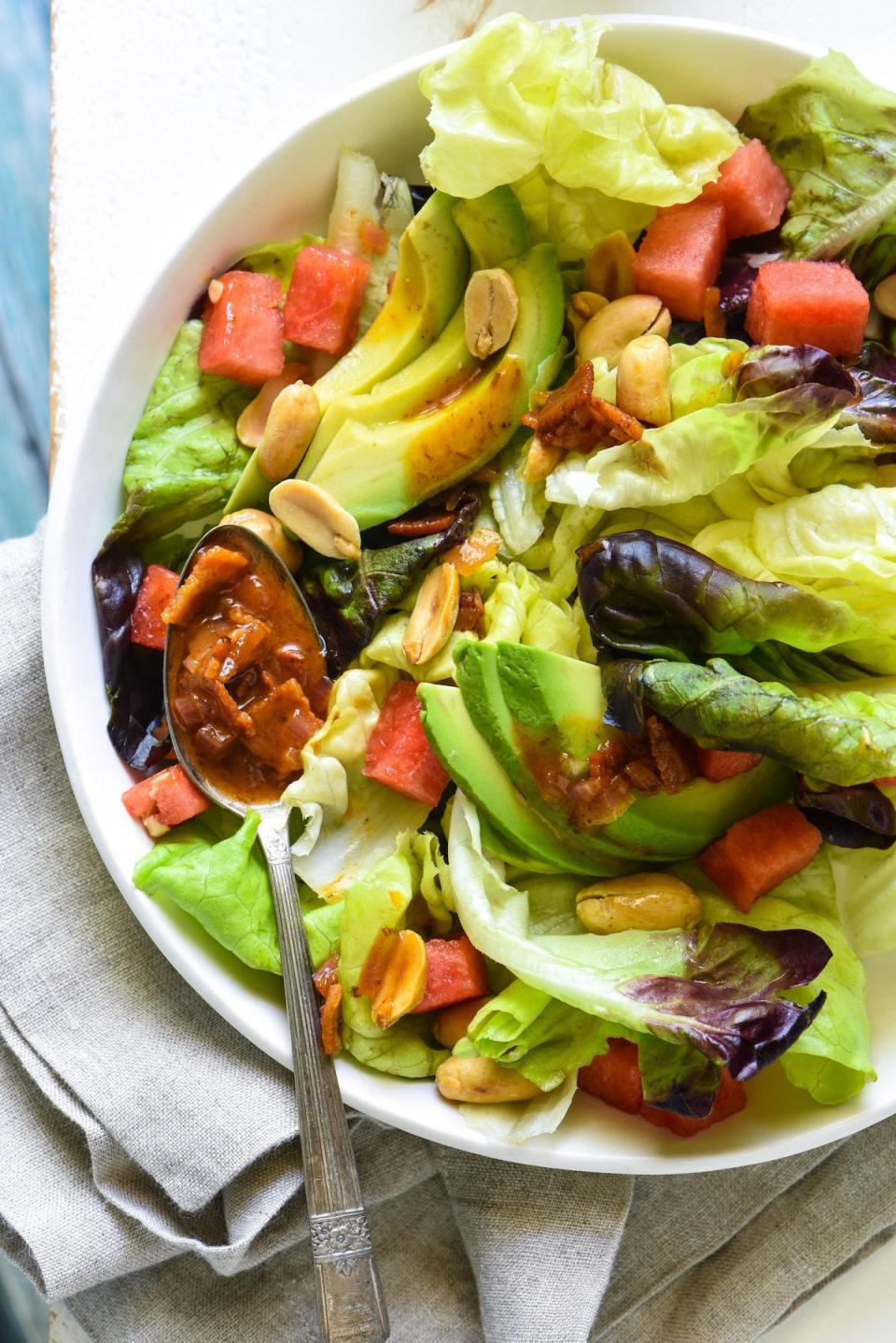 Watermelon & Avocado Salad With Warm Bacon Dressing from Foxes Love Lemons