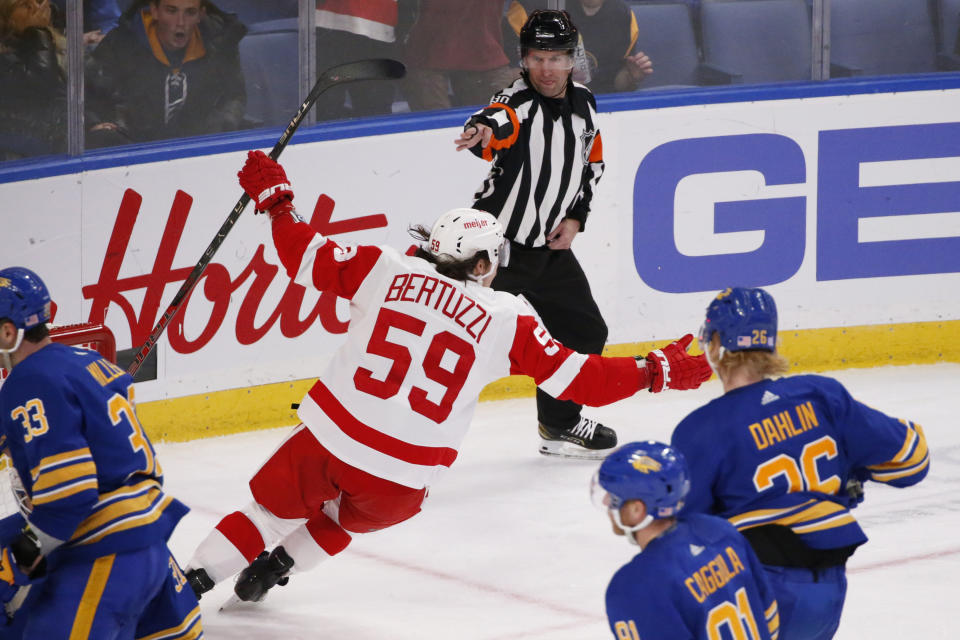 Detroit Red Wings left wing Tyler Bertuzzi (59) celebrates his goal during the third period of an NHL hockey game against the Buffalo Sabres, Saturday, Nov. 6, 2021, in Buffalo, N.Y. (AP Photo/Jeffrey T. Barnes)