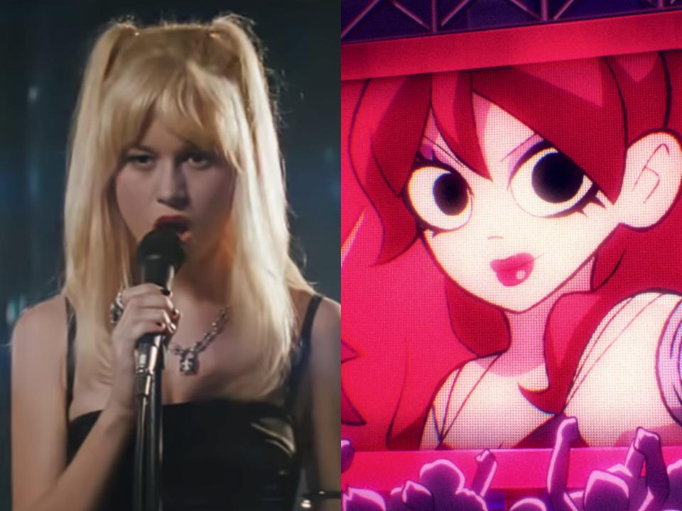 left: brie larson as envy adams in the scott pilgrim movie, with long blonde hair, bangs, and a black dress. she's singing seriously into a microphone; right: envy adams in the anime, seen through a screen at a concert. she ha red hair and heavy makeup