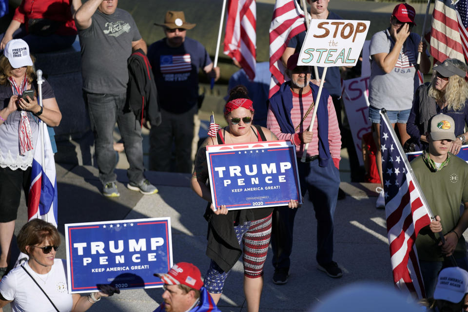 Supporters of President Donald Trump demonstrate near the Pennsylvania State Capitol, Saturday, Nov. 7, 2020, in Harrisburg, Pa., after Democrat Joe Biden defeated Trump to become 46th president of the United States. (AP Photo/Julio Cortez)