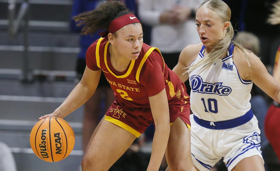 Drake's Katie Dinnebier, right, guards Iowa State's Arianna Jackson during their Nov. 12 game in Des Moines.