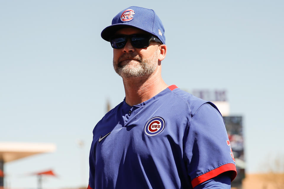 SCOTTSDALE, AZ - MARCH 03:  Chicago Cubs manager David Ross (3) looks on before the spring training MLB baseball game between the Chicago Cubs and the Colorado Rockies on March 3, 2020 at Salt River Fields at Talking Stick in Scottsdale, Arizona. (Photo by Kevin Abele/Icon Sportswire via Getty Images)