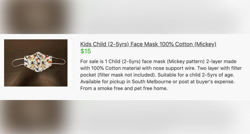 Pictured is an advertisement on Gumtree for a face mask for kids aged two to five. 
