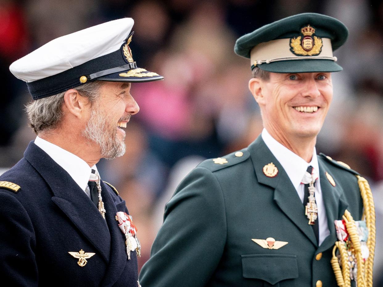 Crown Prince Frederik of Denmark (L) and Prince Joachim of Denmark attend festivities of the Danish Army to celebrate the 50th regency jubilee of their mother Queen Margrethe II of Denmark (not in picture) marked with a parade at the Naval Station in Korsoer, Denmark, on August 29, 2022.