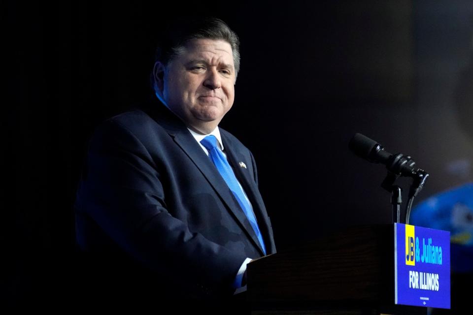 Illinois Gov. J.B. Pritzker looks to supporters after he defeated GOP challenger Darren Bailey on Nov. 8, 2022, in Chicago.