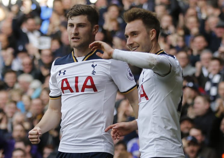 Tottenham Hotspur's Christian Eriksen, right, celebrates with teammate Ben Davies after scoring during the English Premier League soccer match between Tottenham Hotspur and Southampton at White Hart Lane stadium in London, Sunday, March 19, 2017.(AP Photo/Frank Augstein)