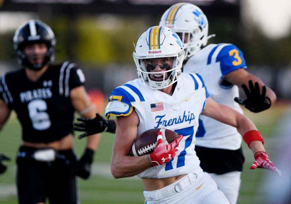 Frenship's Leyton Stone runs with the ball against Lubbock-Cooper in a non-district football game, Friday, Sept. 20, 2024, at Pirate Stadium in Woodrow.