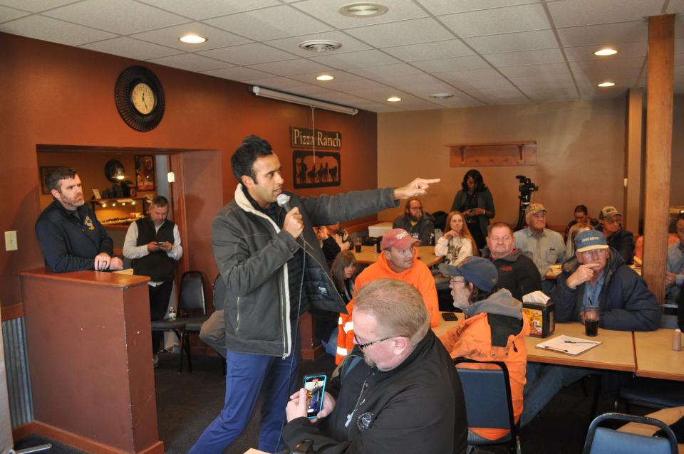 Vivek Ramaswamy makes a point at a Pizza Ranch in Pocahontas, Iowa, The 2024 GOP presidential candidate told the crowd: “We fight for the truth. We stand up for the truth. That is what won us the American Revolution. That is what reunited us after the Civil War. That is what won us two World Wars and the Cold War. That is what still gives hope to the free world.”