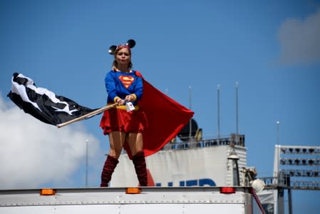 Demonstrator dressed in a costume attends the national strike calling for the resignation of Governor Ricardo Rossello in San Juan