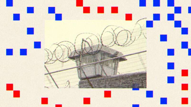 Barbed wire at a prison is seen surrounded by red and blue squares