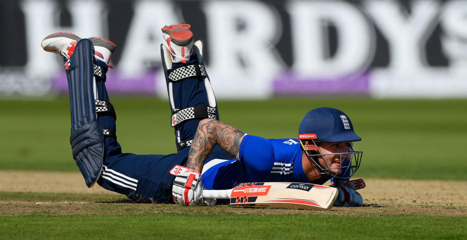 <p>England batsman Alex Hales raises a smile after diving to reagain his ground during the 3rd One Day International between England and Pakistan at Trent Bridge on Aug. 30, 2016 in Nottingham, England. (Stu Forster/Getty Images) </p>