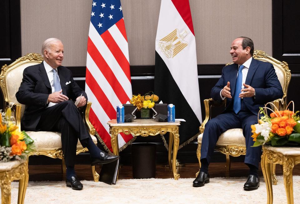 Egyptian President Abdel Fattah El-Sisi and President Joe Biden hold a meeting on the sidelines of the COP27 summit, in Egypt's Red Sea resort city of Sharm el-Sheikh, on Friday.