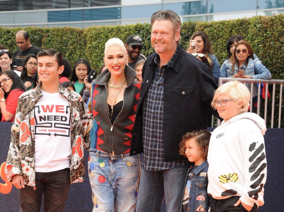 Kingston Rossdale, Gwen Stefani, Blake Shelton, Apollo Bowie Flynn Rossdale, Zuma Nesta Rock Rossdale at arrivals for UGLYDOLLS Premiere, Regal Cinema LA LIVE, Los Angeles, CA April 27, 2019.