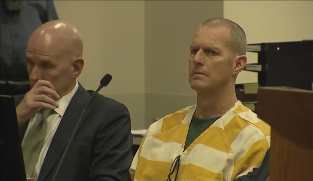 Paramedic Peter Cichuniec, convicted for his role in Elijah McClain’s death sits in court before his sentencing on Friday, March 1, 2024 in Brighton, Colo. (Colorado State Court via AP, POOL)