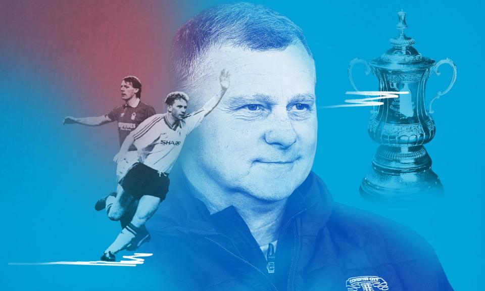 <span>Mark Robins’ tenure at Coventry has seen apathy from supporters replaced by excitement in the stands, quality on the pitch and stability behind the scenes.</span><span>Illustration: Graham Hunt/Shutterstock; PA Images/Alamy; Guardian Design</span>