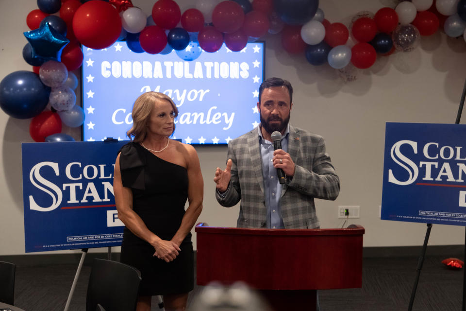 Cole Stanley speaks to the crowd after winning Saturday Amarillo mayoral election at Hodgetown in downtown Amarillo.